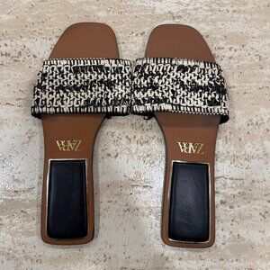 Zara Black/White Tweed Flat Slide Sandals